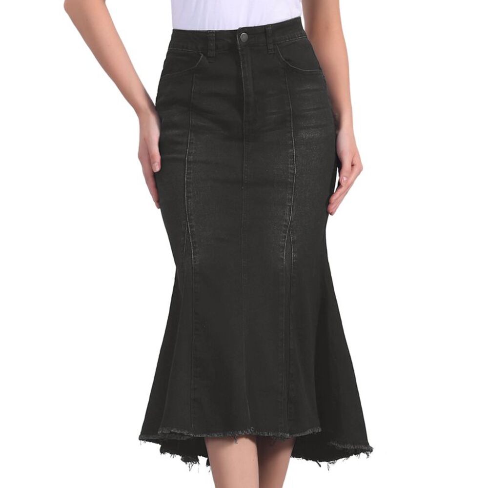 Washed Fishtail High Waist Jean Denim Fashion Casual Midi Skirt Black